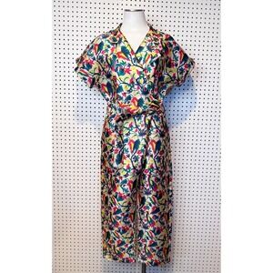 Weili Zheng | Abstract Tropical‎ Bird Floral Wrap Jumpsuit Wide Leg Multicolor